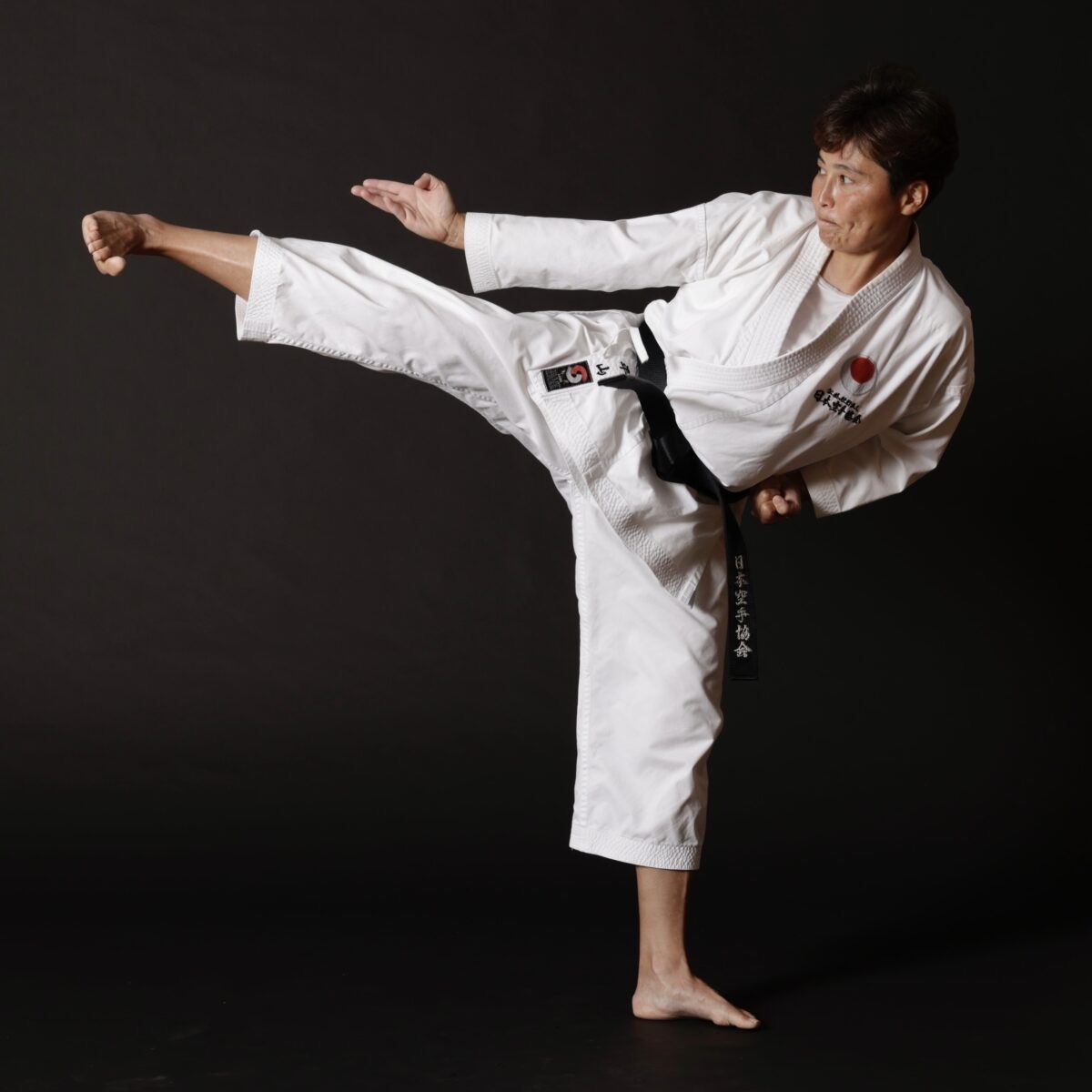 Hirayama Sensei executing a side kick in a studio portrait